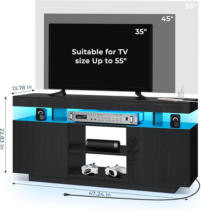 HOMMPA Modern LED TV Stand for 55/50/43/40/32 inch TV with Power Outlets, Gaming TV Consoles with Storage Entertainment Center with LED Lights Game Cabinet for Living Room Black