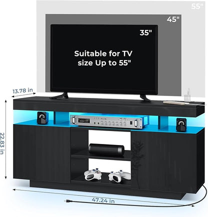 HOMMPA Modern LED TV Stand for 55/50/43/40/32 inch TV with Power Outlets, Gaming TV Consoles with Storage Entertainment Center with LED Lights Game Cabinet for Living Room Black