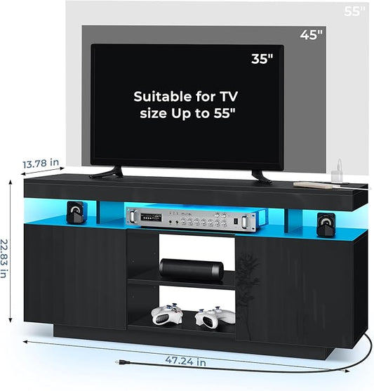 HOMMPA Modern LED TV Stand for 55/50/43/40/32 inch TV with Power Outlets, Gaming TV Consoles with Storage Entertainment Center with LED Lights Game Cabinet for Living Room Black