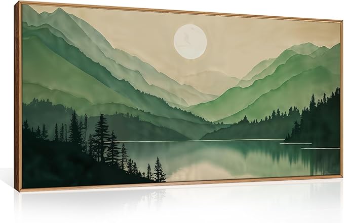 Watercolor Mountain Framed Canvas Wall Art Set, Boho Sun Forest Wall Decor, Green Scenery Wall Painting, Modern Woodland Artworks for Living Room, Bedroom, Dining Room, Office-20 x40x1