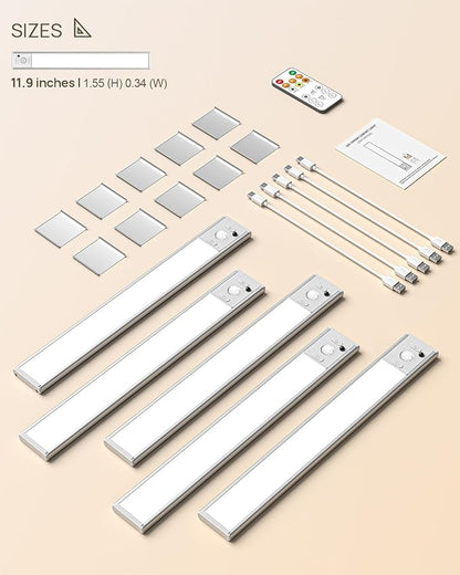 Under Cabinet Lighting with Remote, 12" Motion Sensor Light Indoor, Rechargeable LED Closet Light Wireless, 3 Color Temps & Dimmable, Magnetic Under Counter Lights for Kitchen, Stairs, Pantry, 5 Pack