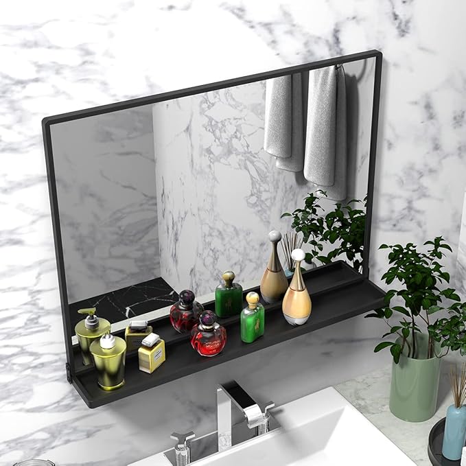 Wall Mirror with Shelf, Rectangle Bathroom Vanity Mirror for Wall, Bathroom Mirrors for Wall, Black Mirror for Bathroom Bedroom Entryway (32'' x 24'')