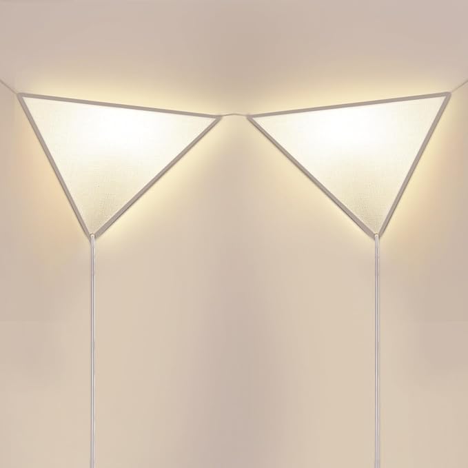 Corner Light with Switch, Ceiling Corner Lights for Living Room, Plug in Ceiling Light for Dark Area, Lamp for Bedroom, Kids Room, Triangle Shape, Linen, Eco-Friendly (2 Pack)