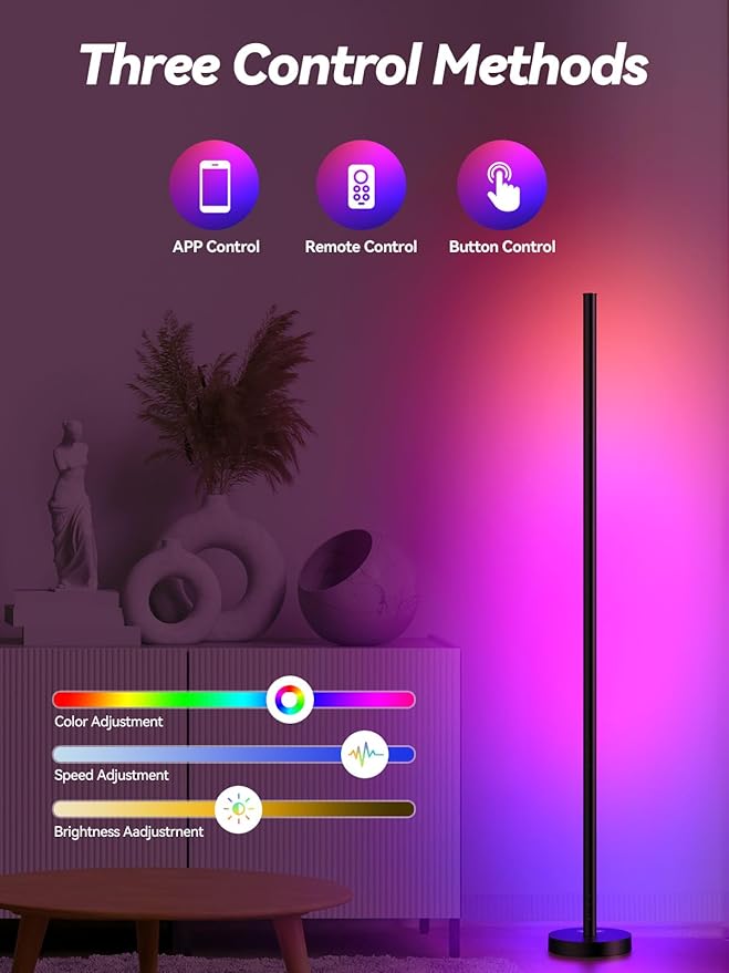BrilliLux RGBICW LED Corner Floor Lamp with App & Remote Control - 16 Million Colors, 68+ Scene Modes, Music Sync, Smart Lighting for Living Room, Bedroom, and Gaming Room