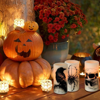 Halloween Flameless Flickering Candles Battery Operated with 6 Hour Timer White Real Wax Spooky LED Pillar Candles Skull Spider Crown Decals Hallloween Indoor Decor(3 x 6 Inches)