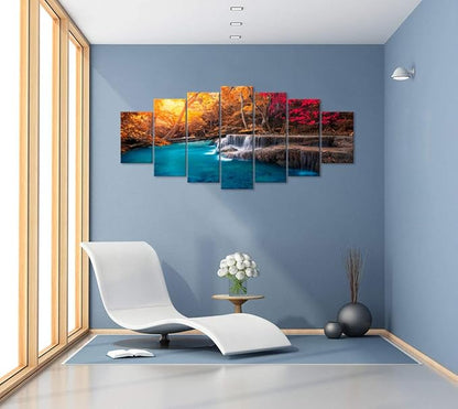 Visual Art Decor Xlarge 7 Pieces Blue Lake Waterfall in Red Fall Forest Canvas Wall Art Nature Landscape Wall Decor, Framed Ready to Hang for Modern Living Room Bedroom Office Decoration