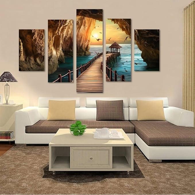 Yatsen Bridge 5 Panels Sea Rocks Wall Art Ocean and Seagulls Pictures Seascape Paintings on Canvas Artwork for Living Room Bedroom Home Decor Wooden Framed Ready to Hang - 60''W x 40''H