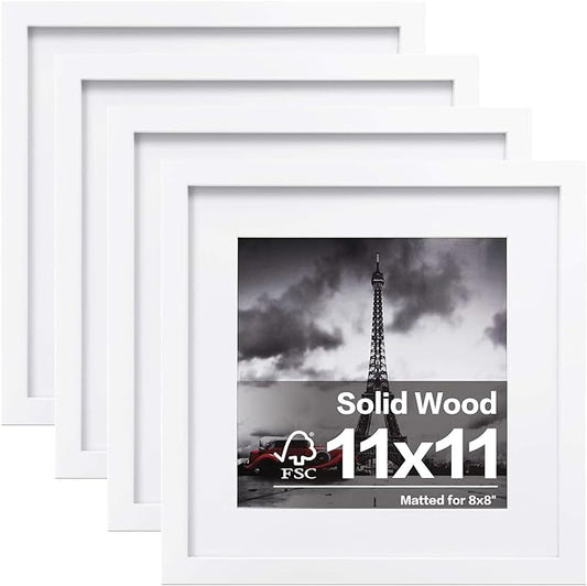 Egofine 11x11 Picture Frames 4 PCS, Made of Solid Wood Covered by Plexiglass for Pictures 4x4/8x8 with Mat for Table Top Display and Wall Mounting Square Photo Frame White