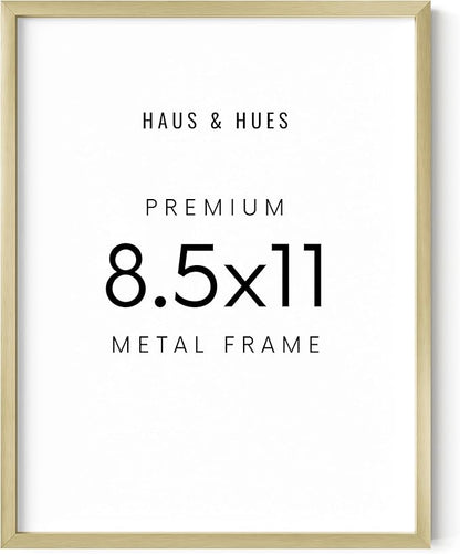 HAUS AND HUES 8.5x11 Gold Picture Frame - Modern Aluminum Wall Art Display - Lightweight 8.5x11 Frame for Documents, Certificates, Photos - Ready-to-Hang Vertically & Horizontally