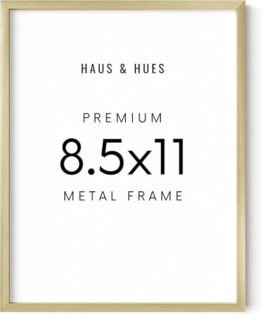 HAUS AND HUES 8.5x11 Gold Picture Frame - Modern Aluminum Wall Art Display - Lightweight 8.5x11 Frame for Documents, Certificates, Photos - Ready-to-Hang Vertically & Horizontally