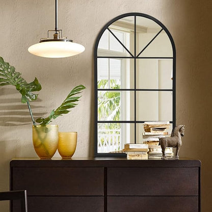 42"x 24" Arched Mirror, Window Wall Mirror, Vanity Mirrors, Metal Framed, Arched-Top Farmhouse Mirrors, Rustic Decorative Mirror (Black)