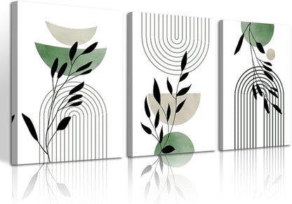 WENGTIAO 3Pcs Boho Sage Green Canvas Wall Art MInimalist Geometric Line Leaf Pictures Prints Paintings Abstract Mid Century Botanical Green Plant Artwork for Living Room Bedroom Bathroom 12x16x3