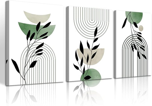 WENGTIAO 3Pcs Boho Sage Green Canvas Wall Art MInimalist Geometric Line Leaf Pictures Prints Paintings Abstract Mid Century Botanical Green Plant Artwork for Living Room Bedroom Bathroom 12x16x3