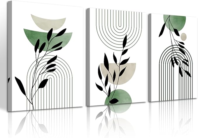 WENGTIAO 3Pcs Boho Sage Green Canvas Wall Art MInimalist Geometric Line Leaf Pictures Prints Paintings Abstract Mid Century Botanical Green Plant Artwork for Living Room Bedroom Bathroom 16x24x3