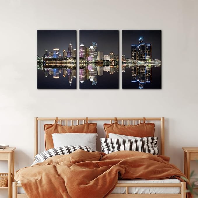 Pacimo 3 Pieces Panoramic Detroit Cityscape Picture Black and White Michigan Night Skyline Canvas Art Prints Wall Decoration for Bedroom Office Stretched and Framed Ready to Hang - 16"x24"x3 Panels