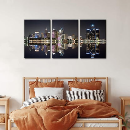 Pacimo 3 Pieces Panoramic Detroit Cityscape Picture Black and White Michigan Night Skyline Canvas Art Prints Wall Decoration for Bedroom Office Stretched and Framed Ready to Hang - 16"x24"x3 Panels