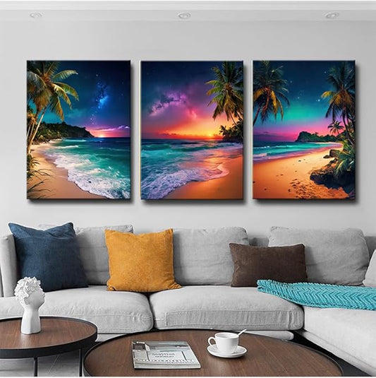 weiyiart 3-Piece Tropical Beach Wall Art, Northern Lights Ocean Sunset Canvas Prints, Palm Tree Coastal Seascape Decor for Living Room Bedroom Bathroom Office, 12"x16" Set of 3