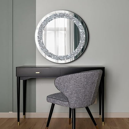 Crystal Crush Diamond Sparkly Round Silver Mirror for Wall Decoration 20x20x1 inch Wall Hang Frameless Bling Stylish Gorgeous Glam Mirror Vanity Home Decor.