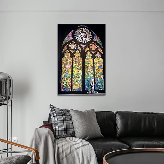 Modern Graffiti Wall Art Decor Praying Boy Kid In Cathedral Pictures Artwork Colorful Doodle Picture for Home Living Dining Room Office Decoration Stretched and Framed Ready to Hang(24''W x 36''H)