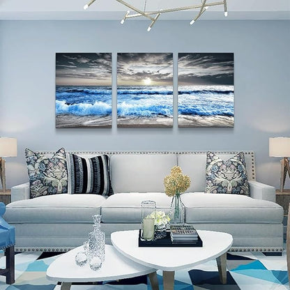 MHARTK66 Large Canvas Wall Art for Living Room, Bedroom, Office Decor - Blue Ocean Wave Seascape Pictures, Black and White Beach Painting - Modern Home Decorations