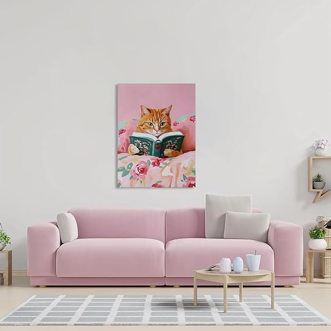 Framed Vintage Cats Canvas Wall Art, Funny Animal Reading Books Poster Printing Pictures, Pink Cute Cat Lovers Wall Decor for Girls Room Bedroom Kids Room Living Room Bathroom 12x16 in