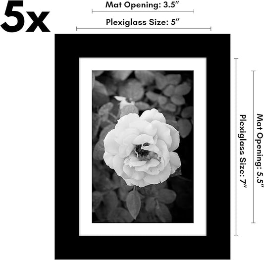 Americanflat 5x7 Picture Frame with Polished Plexiglass - Set of 5 - Use as 4x6 Frame with Mat or Display 5x7 Photo Without Mat - Galleria Collection - Picture Frames for Tabletop and Wall - Black