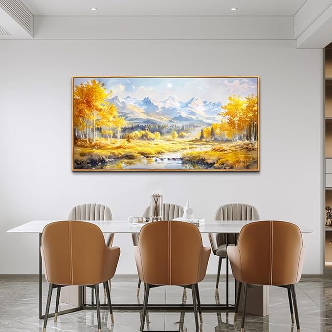 ZUITINGHUA Large Wood Framed Wall Decor For Living Room Canvas Wall Art For Office Modern Wall Decorations For Bedroom Yellow Tree Landscape Paintings Mountain Pictures Artwork Home Decor 24x48 In