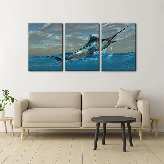 Pacimo Fish Canvas Art Wall Decor Blue Marlin Fish Bursts from Ocean Waters Pictures Prints on Canvas Tropical Animal Paintings 3 Panels Modern Artwork Home Decoration Framed Ready to Hang - 20"x28"x3