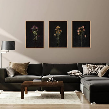KAIRNE Dark Moody flower Framed Canvas Wall Art Set, Minimalist Black Wildflower Wall Decor, Vintage Botanical Floral Wall Painting, Nature Plant Art Prints for Living Room,Bedroom,Office-24 x36 x3