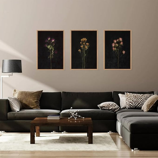 KAIRNE Dark Moody flower Framed Canvas Wall Art Set, Minimalist Black Wildflower Wall Decor, Vintage Botanical Floral Wall Painting, Nature Plant Art Prints for Living Room,Bedroom,Office-24 x36 x3