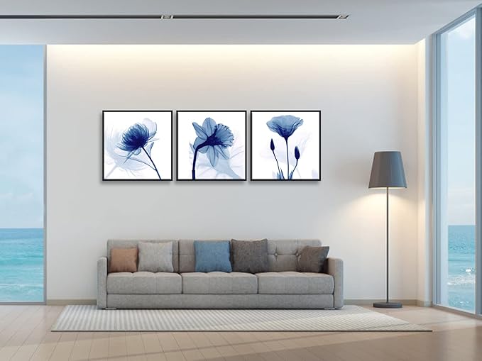 Wieco Art Framed Wall Art Blue Abstract Flowers 3 Panels Canvas Prints Home Art Modern Artwork Wall Pictures for Living Room Bedroom and Home Decorations Black Frame