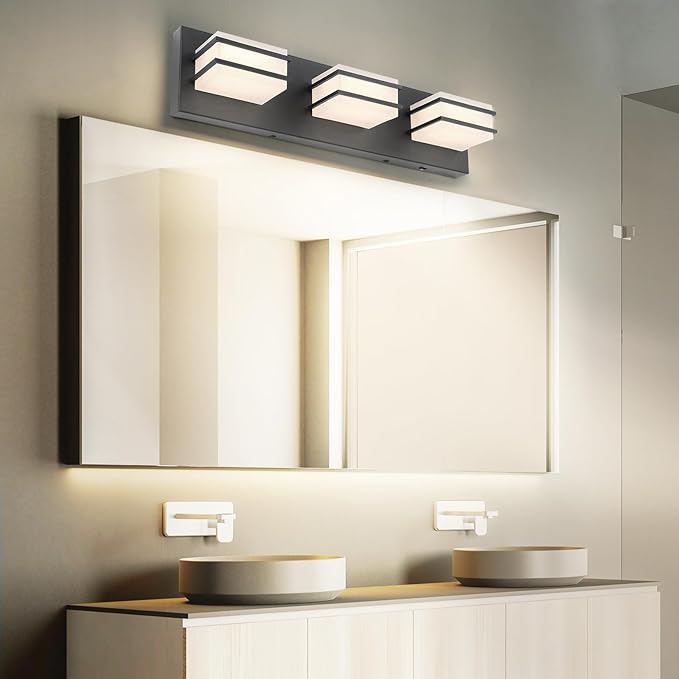GOODATE 3 Color Temperature Dimmable Bathroom Light Fixtures Over Mirror, LED Black 3 Light Vanity Lighting Fixtures, Acrylic Stainless Steel Square Shade Vanity Lights for Bathroom, ETL Certificated