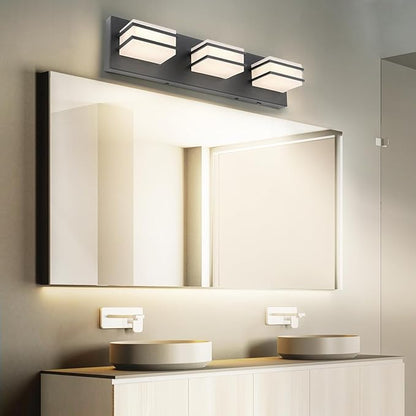 GOODATE 3 Color Temperature Dimmable Bathroom Light Fixtures Over Mirror, LED Black 3 Light Vanity Lighting Fixtures, Acrylic Stainless Steel Square Shade Vanity Lights for Bathroom, ETL Certificated