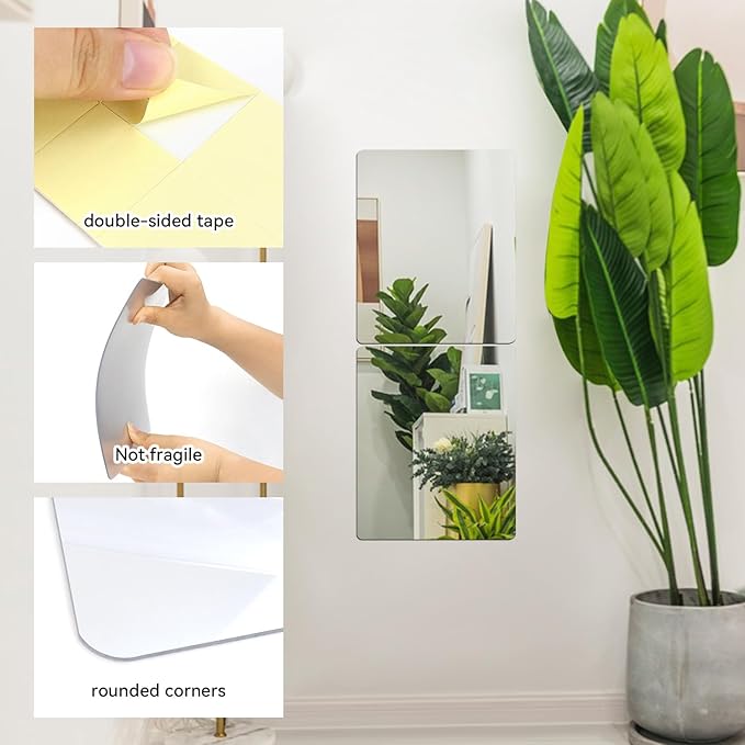 yuntop 2 Pack Self Adhesive Acrylic Mirror, 2MM Flexible Plastic Mirror, Shatterproof PS Frameless Wall Mirror for Bathroom Vanity and Entryway (16 x 12 inch)