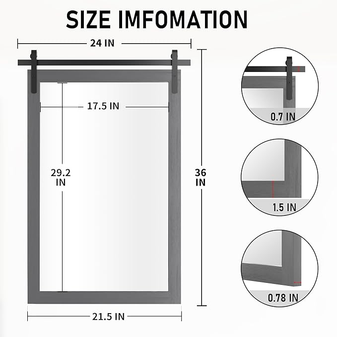 Farmhouse Wall Mirror, Rustic Wood Frame Bathroom Mirror Barn Door Inspired Decorative Vanity Dress Mirrors for Living Room Entryway, 24x36 INCH Gray Vertical