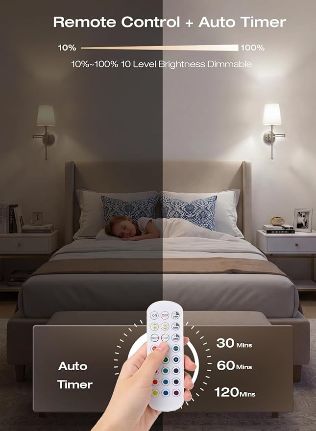 CLOUDY BAY 10000mAh Battery Operated Wall Sconces,Up to 100 Hours with Rechargeable RGB Dimmable Magnetic Bulb,Cordless Wall Lighting Fixtures with Remote for Bedroom,Brushed Nickel,2 Pack-18.6inch