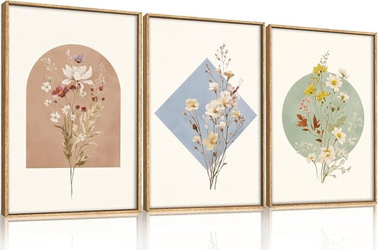 Celestdeco Large Vintage Wildflower Floral Framed Canvas Wall Art Set,Botanical Watercolor Calming Floral Wall Painting,Minimalist Boho Flower Artwork for Living Room,Dining Room,Office Decor -24"x36"x3