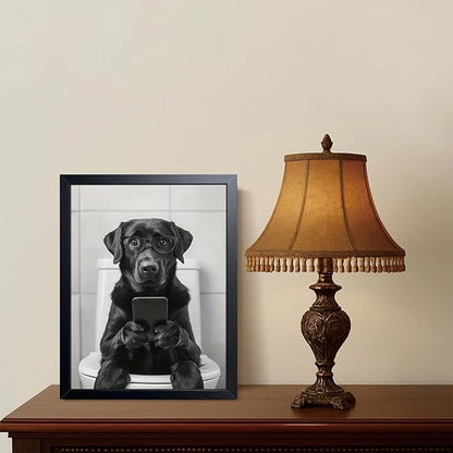 Black and White Bathroom Wall Art, Funny Labrador Dog Canvas Prints Poster, Cute Animal Sitting on Toilet Looking at Phone Picture, Modern Farmhouse Restroom Bathroom Home Wall Decor 12x16 Inch Framed
