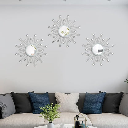 Uaussi 3 Pack Crystal Sunburst Wall Mirror Décor Rhinestone Mirrors Decorative Home Wall Art for Living Room Bedroom Entryway(Triangle Burst Silver)