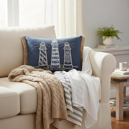 Comfy Hour Under The Sea Collection Ocean Coastal Three Lighthouses Accent and Throw Pillow Blue Decorative Cushion, 18"x13", Polyester