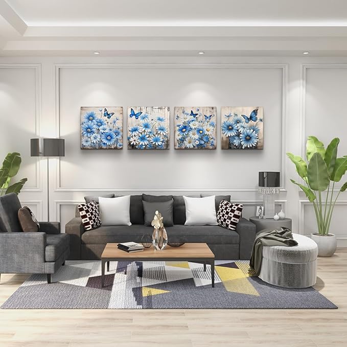 TTHYUEWS Canvas Wall Decor For Bedroom Room Wall Art For Living Room Abstract Blue Flowers Paintings Wall Artworks Hang Pictures For Office Decoration Posters Prints Art Kitchen Home Decor 4 Piece