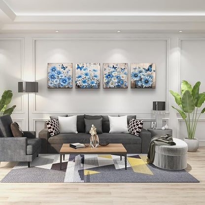 TTHYUEWS Canvas Wall Decor For Bedroom Room Wall Art For Living Room Abstract Blue Flowers Paintings Wall Artworks Hang Pictures For Office Decoration Posters Prints Art Kitchen Home Decor 4 Piece
