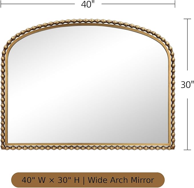 40x30 Inch Wide Arch Wall Mirror, Antique Gold Beaded Frame, Large Horizontal Mantel Mirror for Fireplace, Living Room or Sofa Wall, Decorative Wall Mounted Mirror