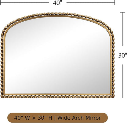 40x30 Inch Wide Arch Wall Mirror, Antique Gold Beaded Frame, Large Horizontal Mantel Mirror for Fireplace, Living Room or Sofa Wall, Decorative Wall Mounted Mirror