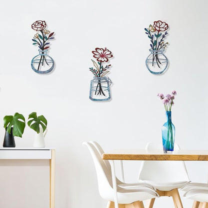ARTINME 3 Pieces Metal Flowers Wall Arts - Rustic Farmhouse Decor Minimalist Flower Wall Decors for Living Room Bathroom Kitchen Bedroom Dining Room - Housewarming Gifts (Blue)