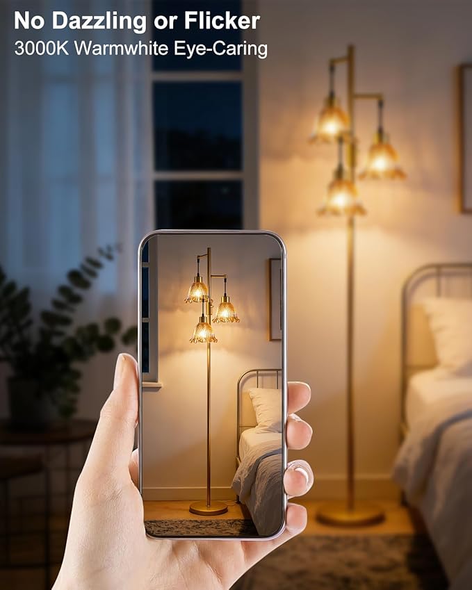 3-Light Modern Glass Floor Lamp, Gold Standing Tall Lamp with Amber Lily Glass Shade for Reading, Dimmable LED Floor Lamp with 5Lbs Heavy Base for Living Room Bedroom Home Decor, Bulb Included