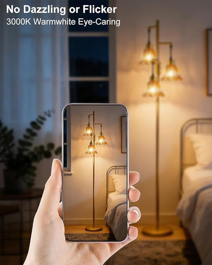 3-Light Modern Glass Floor Lamp, Gold Standing Tall Lamp with Amber Lily Glass Shade for Reading, Dimmable LED Floor Lamp with 5Lbs Heavy Base for Living Room Bedroom Home Decor, Bulb Included