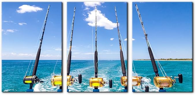 3 Pieces Canvas Wall Art Row of Five Fishing Rod and Reel Pictures Blue Seascape Wall Paintings for Living Room Bedroom Fishing Tackle Artwork HD Prints Modern Home Decor Framed - 16"x24"x3 Panel