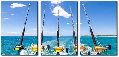 3 Pieces Canvas Wall Art Row of Five Fishing Rod and Reel Pictures Blue Seascape Wall Paintings for Living Room Bedroom Fishing Tackle Artwork HD Prints Modern Home Decor Framed - 16"x24"x3 Panel