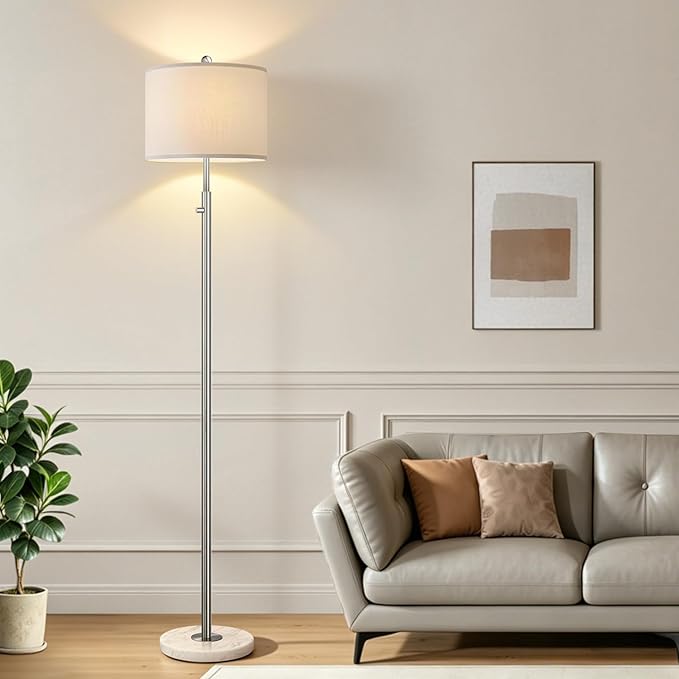 【Upgraded】 Dimmable Floor Lamp for Living Room, 11W LED Bulb Included, Modern Standing Lamp with Marble Base, Tall Pole Light with Linen Shade for Bedroom Reading Office Corner Nursery-Brushed Nickel